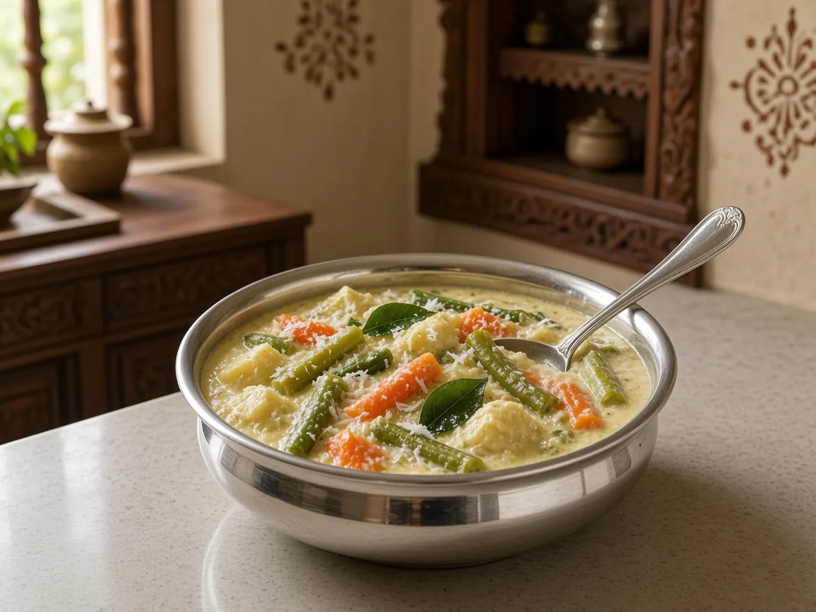 Avial in a silver bowl in an elegant Brahmin kitchen