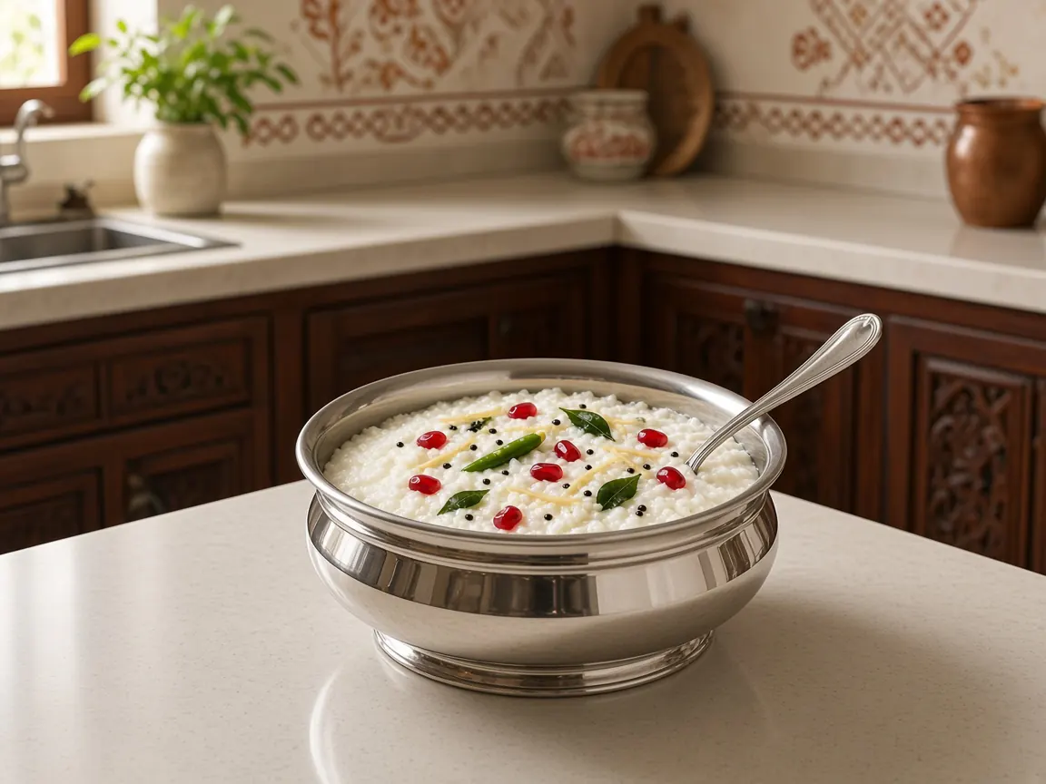Curd rice in a silver bowl with pomegranate and curry leaves