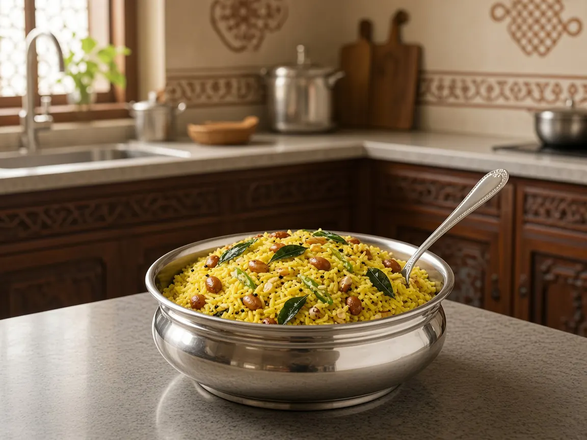 Lemon rice in a silver bowl with peanuts and curry leaves