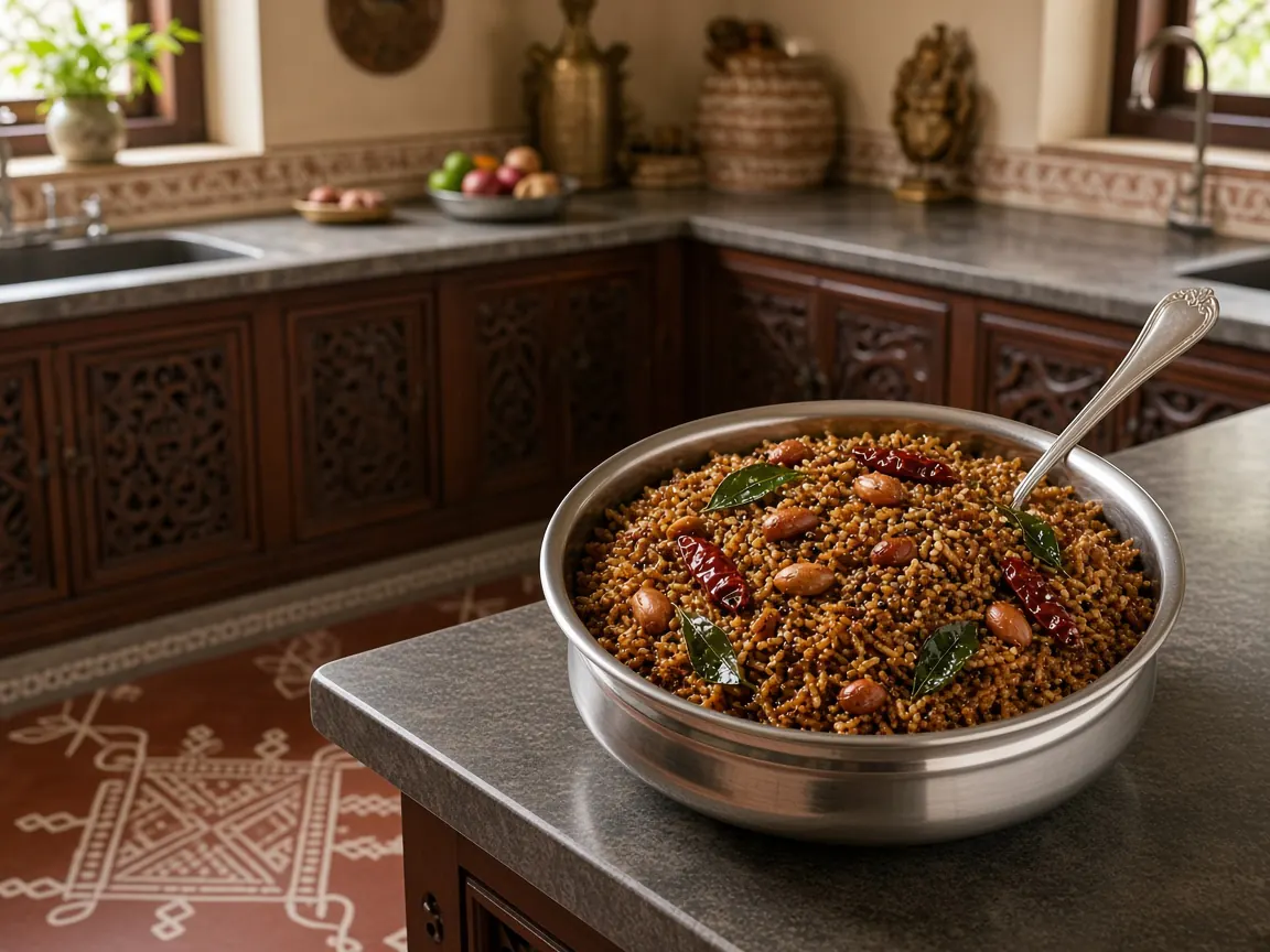 Puliyodara tamarind rice in a silver bowl