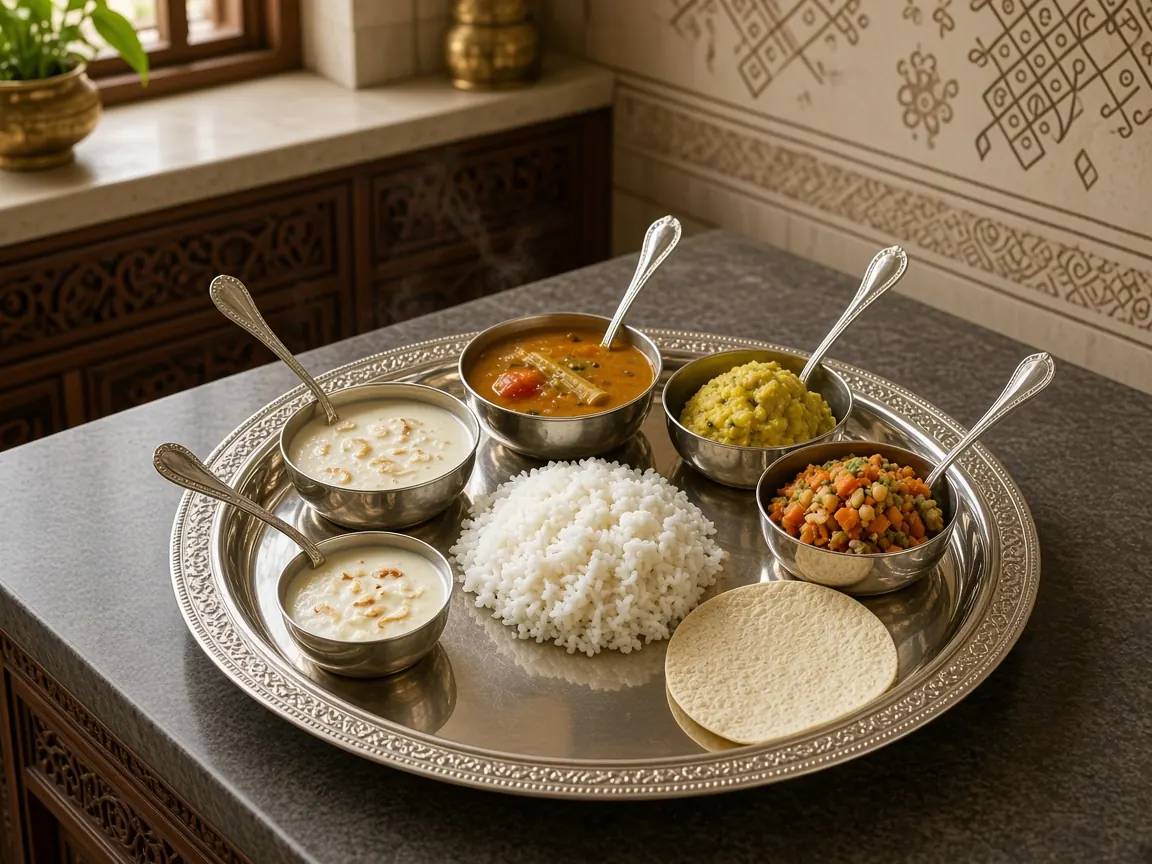 South Indian Brahmin meal served in an ornate silver thali