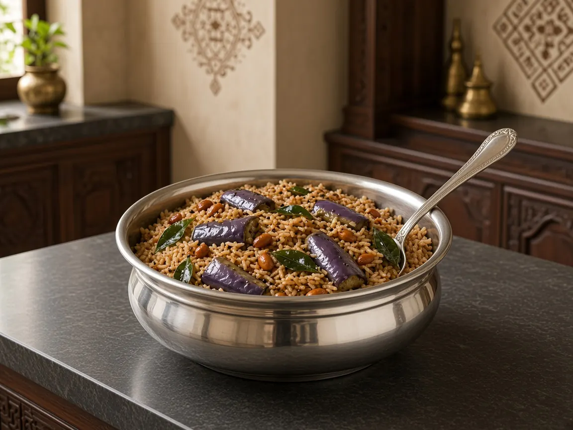 Vangi bath with brinjal in a silver bowl