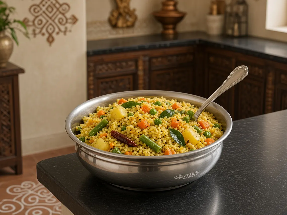 Vegetable rice in a silver bowl in an elegant Brahmin kitchen