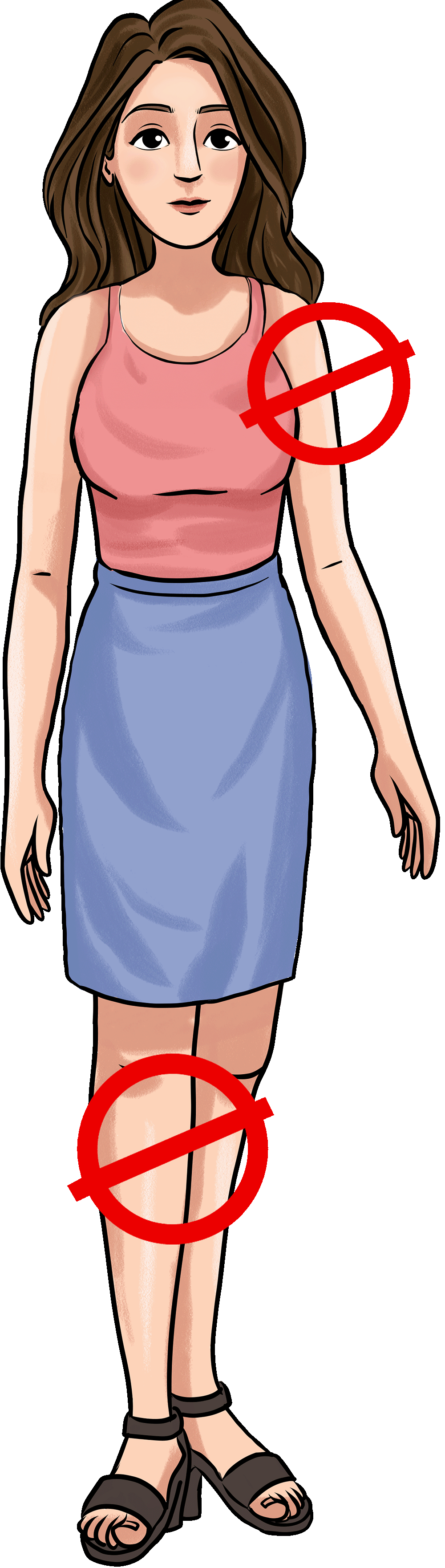 Sleeveless dress above the knee, attire to avoid