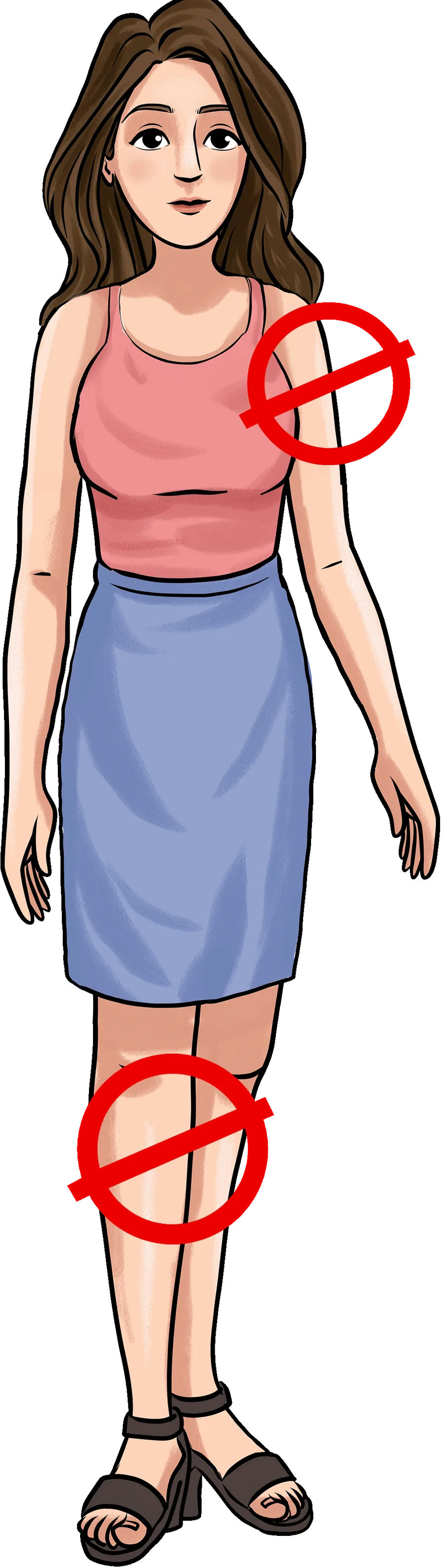 Sleeveless dress above the knee, attire to avoid